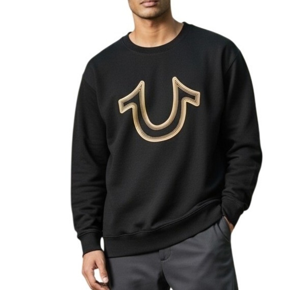 True Religion Men's XL Black Gold Horseshoe Pullover Hoodie Sweatshirt Gold Logo